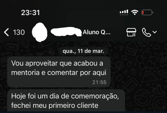 Aluno fechou o primeiro cliente após a mentoria